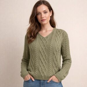 Vintage Paul James Sage Green 100% Wool V-Neck Cable Knit Sweater Size Small